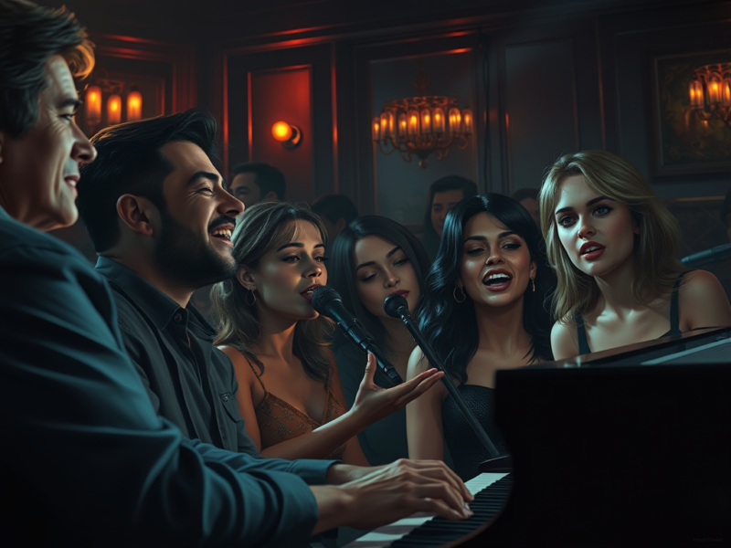 people singing along with a pianist in a bar -- AI GENERATED