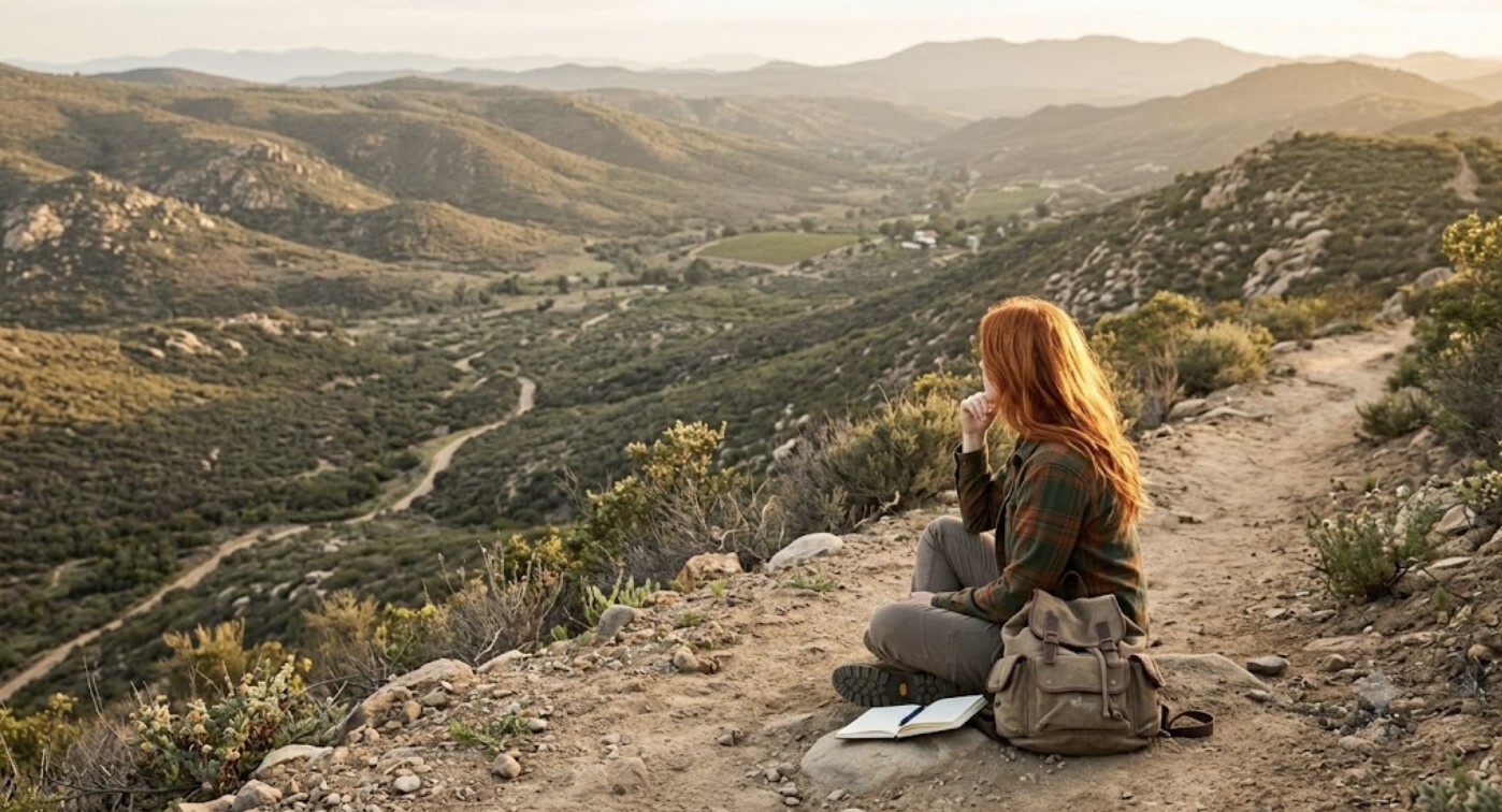 Sara is looking over a valley during a hike in California thinking about lessons, happiness, and healthy boundaries in relationships.